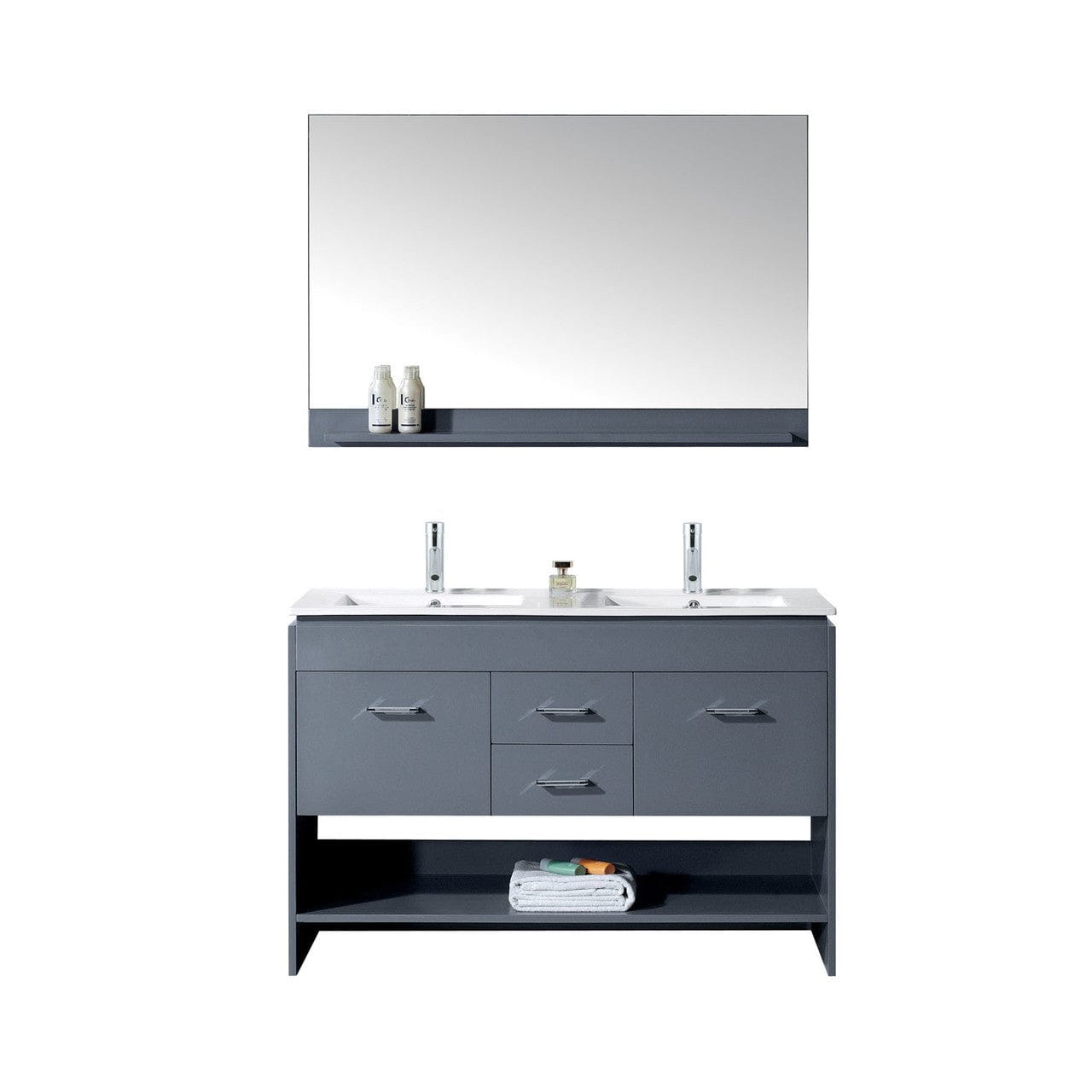 Virtu USA Gloria 48" Double Bathroom Vanity in Grey w/ Slim White Ceramic Top & Square Sink w/ Polished Chrome Faucet & Mirror