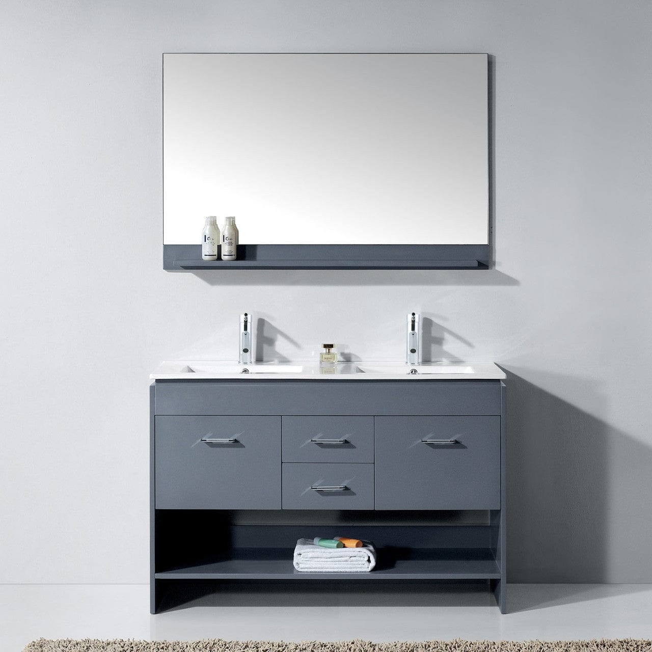 Virtu USA Gloria 48 Double Bathroom Vanity in Grey w/ Slim White Ceramic Top & Square Sink w/ Polished Chrome Faucet & Mirror