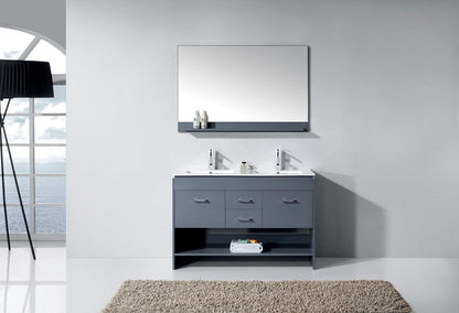 Virtu USA Gloria 48 Double Bathroom Vanity in Grey w/ Slim White Ceramic Top & Square Sink w/ Polished Chrome Faucet & Mirror