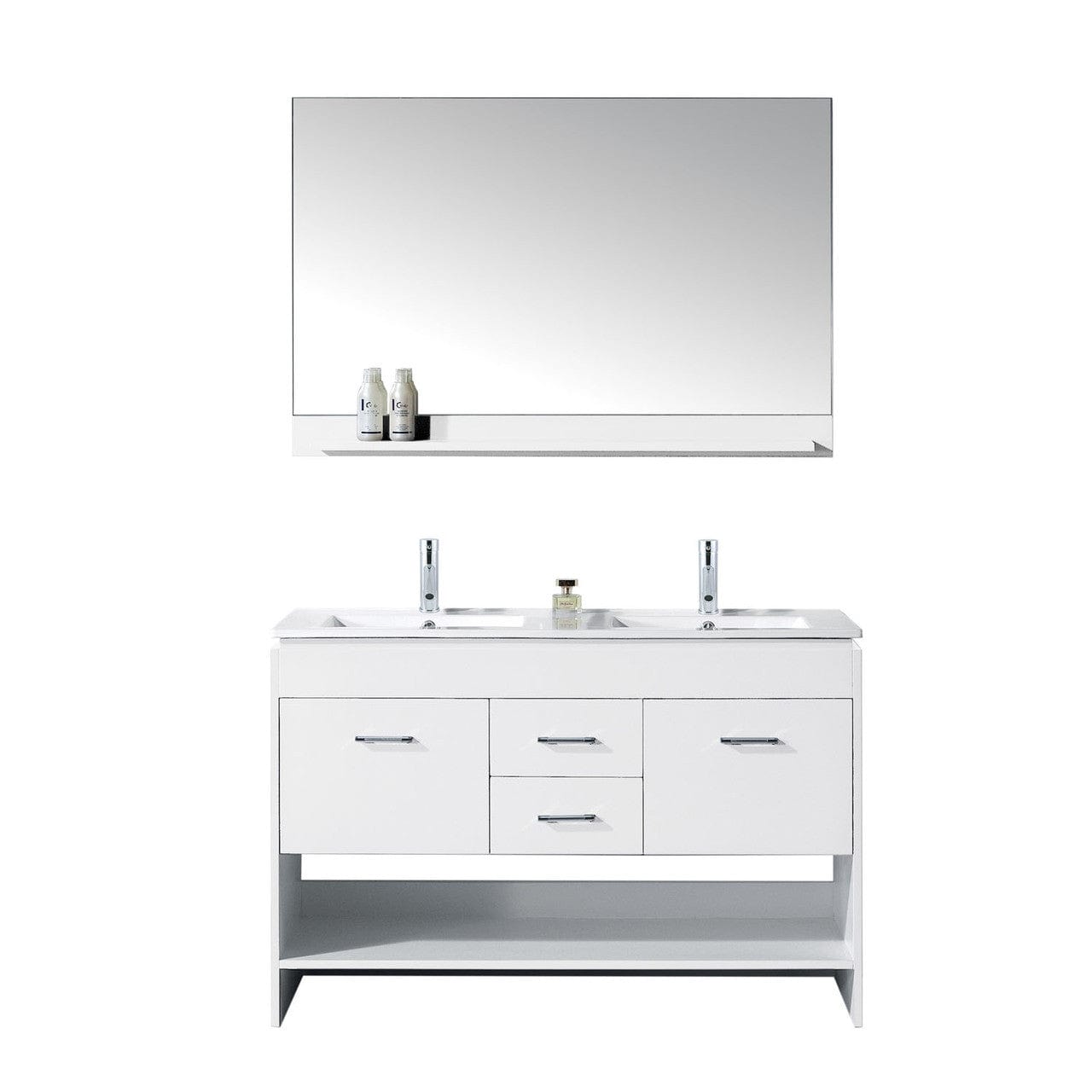 Virtu USA Gloria 48" Double Bathroom Vanity in White w/ Slim White Ceramic Top & Square Sink w/ Polished Chrome Faucet & Mirror