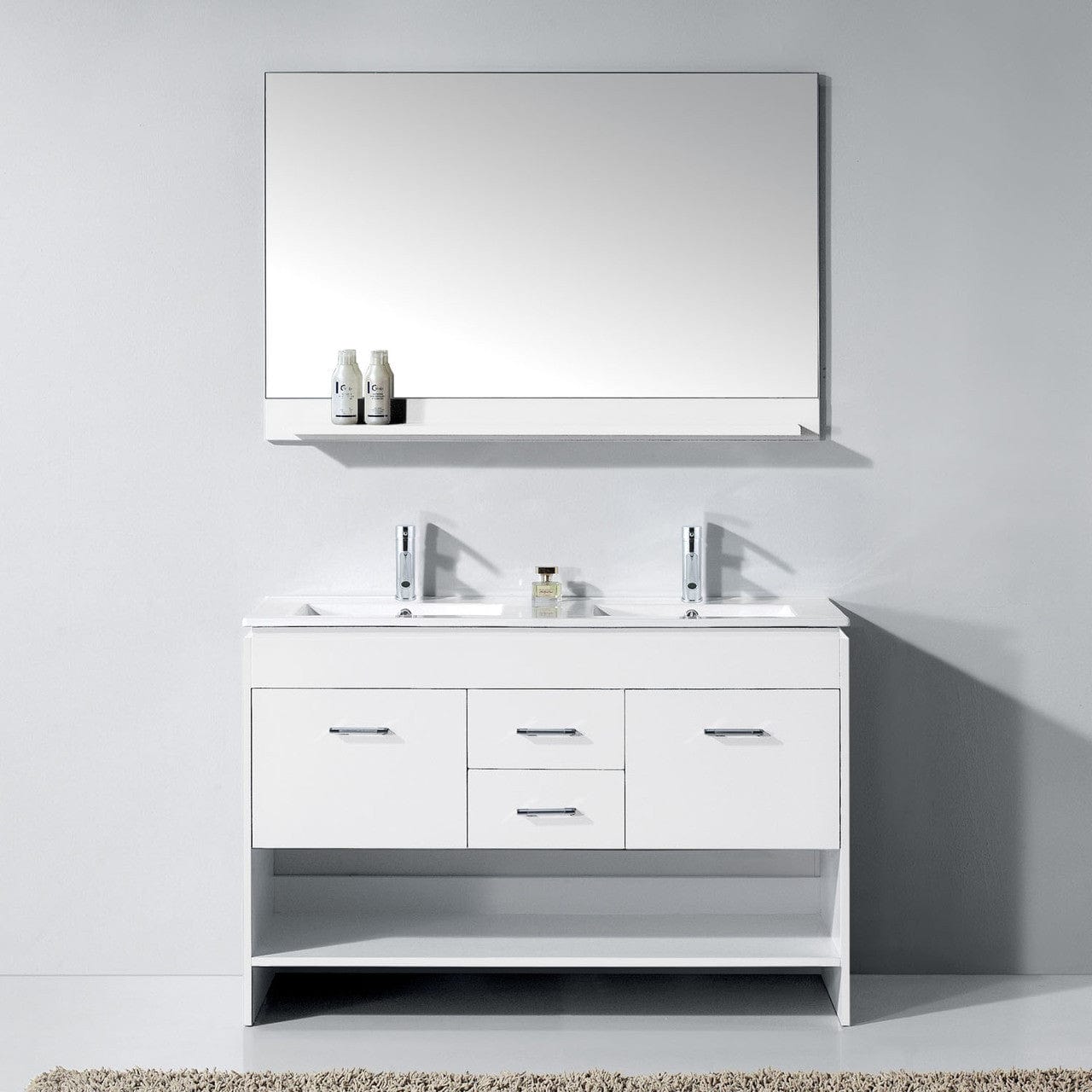 Virtu USA Gloria 48 Double Bathroom Vanity in White w/ Slim White Ceramic Top & Square Sink w/ Polished Chrome Faucet & Mirror