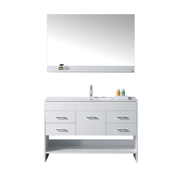 Virtu USA Gloria 48 Single Square Sink White Top Vanity in White w/ Polished Chrome Faucet and Mirror