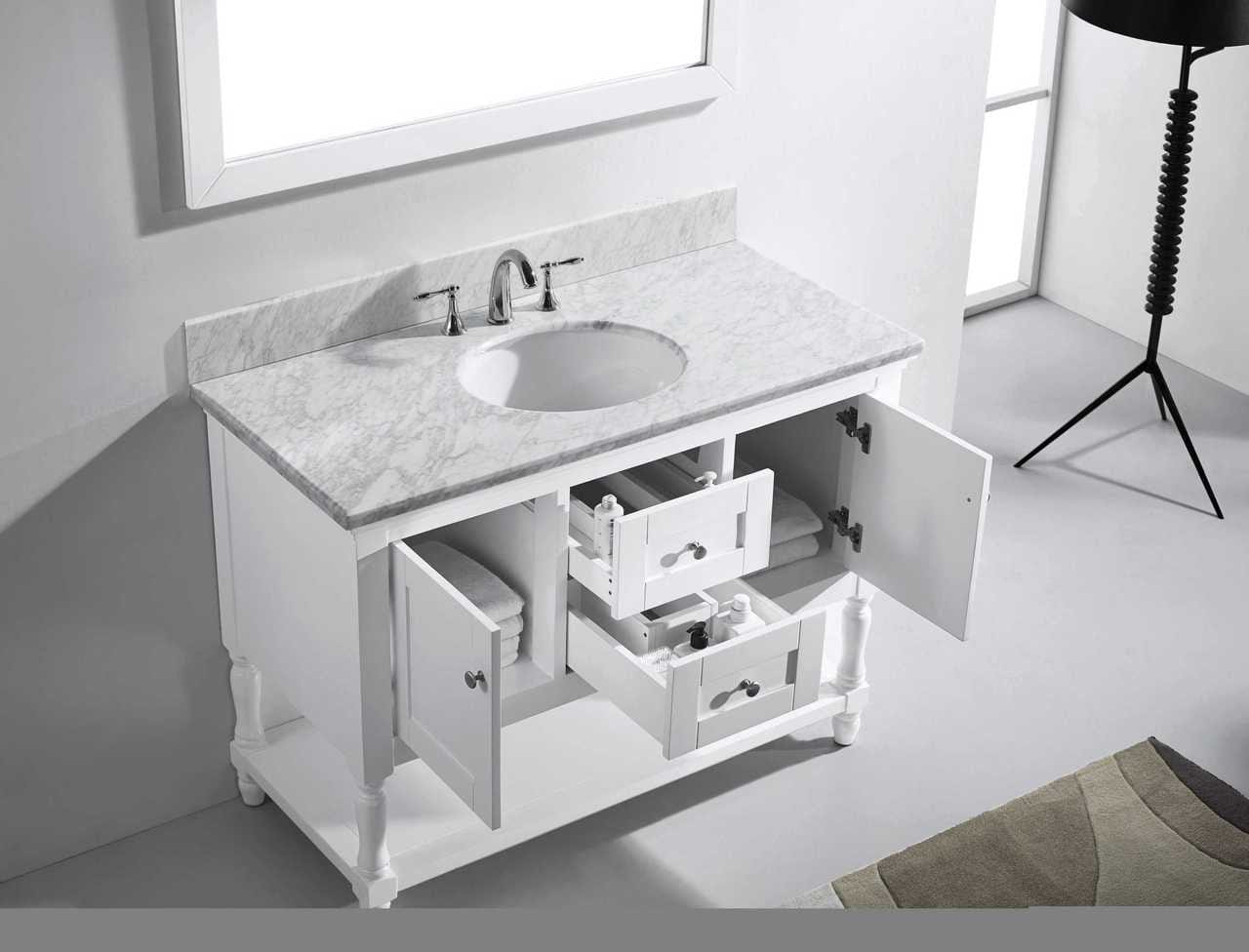 Virtu USA Julianna 48 Single Bathroom Vanity Set in White w/ Italian Carrara White Marble Counter-Top | Round Basin