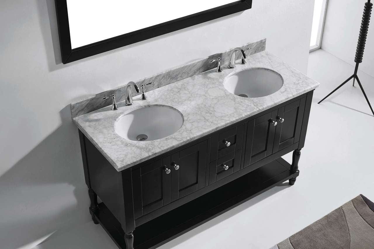 Virtu USA Julianna 60 Double Bathroom Vanity Set in Espresso w/ Italian Carrara White Marble Counter-Top | Round Basin