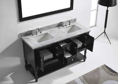 Virtu USA Julianna 60 Double Bathroom Vanity Set in Espresso w/ Italian Carrara White Marble Counter-Top | Square Basin