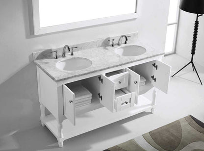 Virtu USA Julianna 60 Double Bathroom Vanity Set in White w/ Italian Carrara White Marble Counter-Top | Round Basin