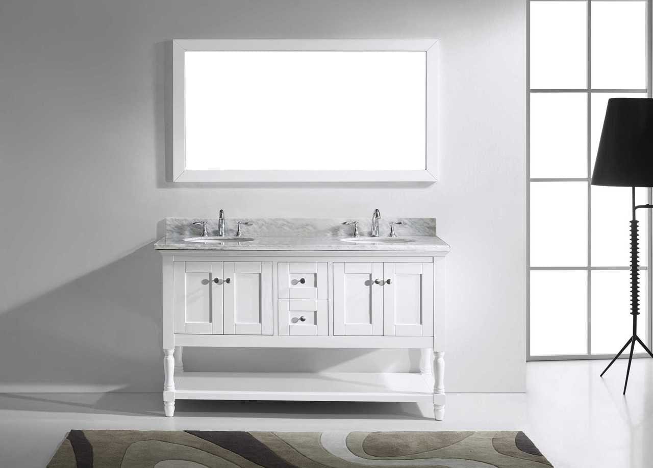 Virtu USA Julianna 60 Double Bathroom Vanity Set in White w/ Italian Carrara White Marble Counter-Top | Round Basin