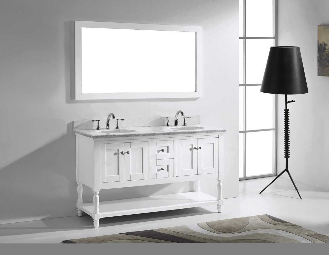 Virtu USA Julianna 60 Double Bathroom Vanity Set in White w/ Italian Carrara White Marble Counter-Top | Round Basin