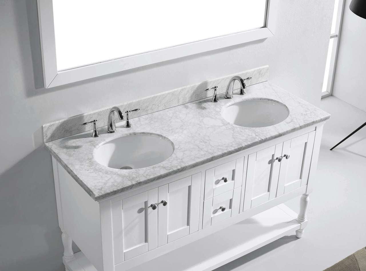 Virtu USA Julianna 60 Double Bathroom Vanity Set in White w/ Italian Carrara White Marble Counter-Top | Round Basin