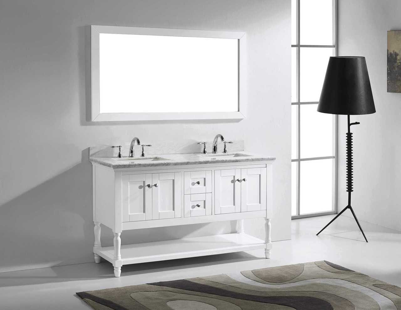 Virtu USA Julianna 60 Double Bathroom Vanity Set in White w/ Italian Carrara White Marble Counter-Top | Square Basin