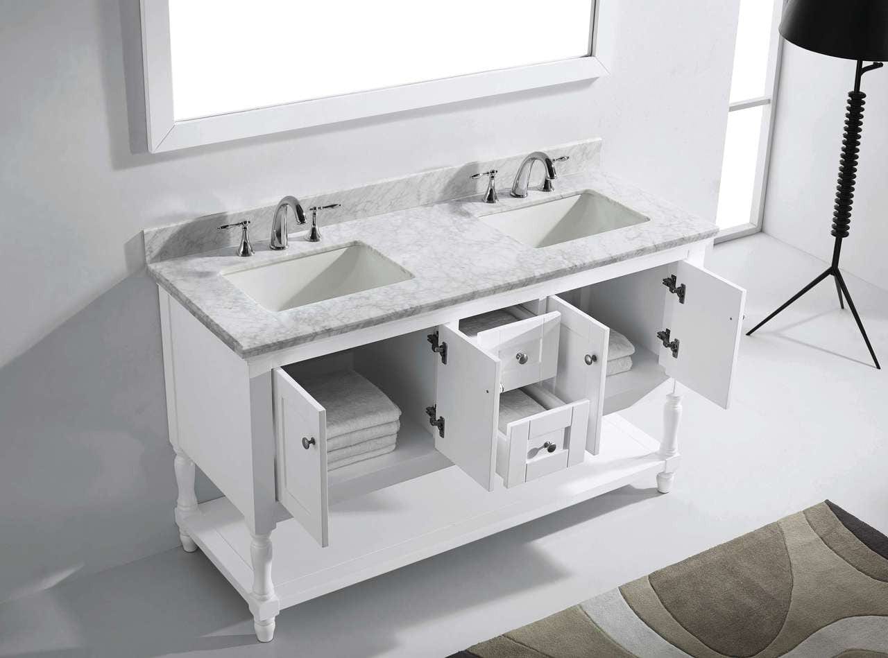 Virtu USA Julianna 60 Double Bathroom Vanity Set in White w/ Italian Carrara White Marble Counter-Top | Square Basin