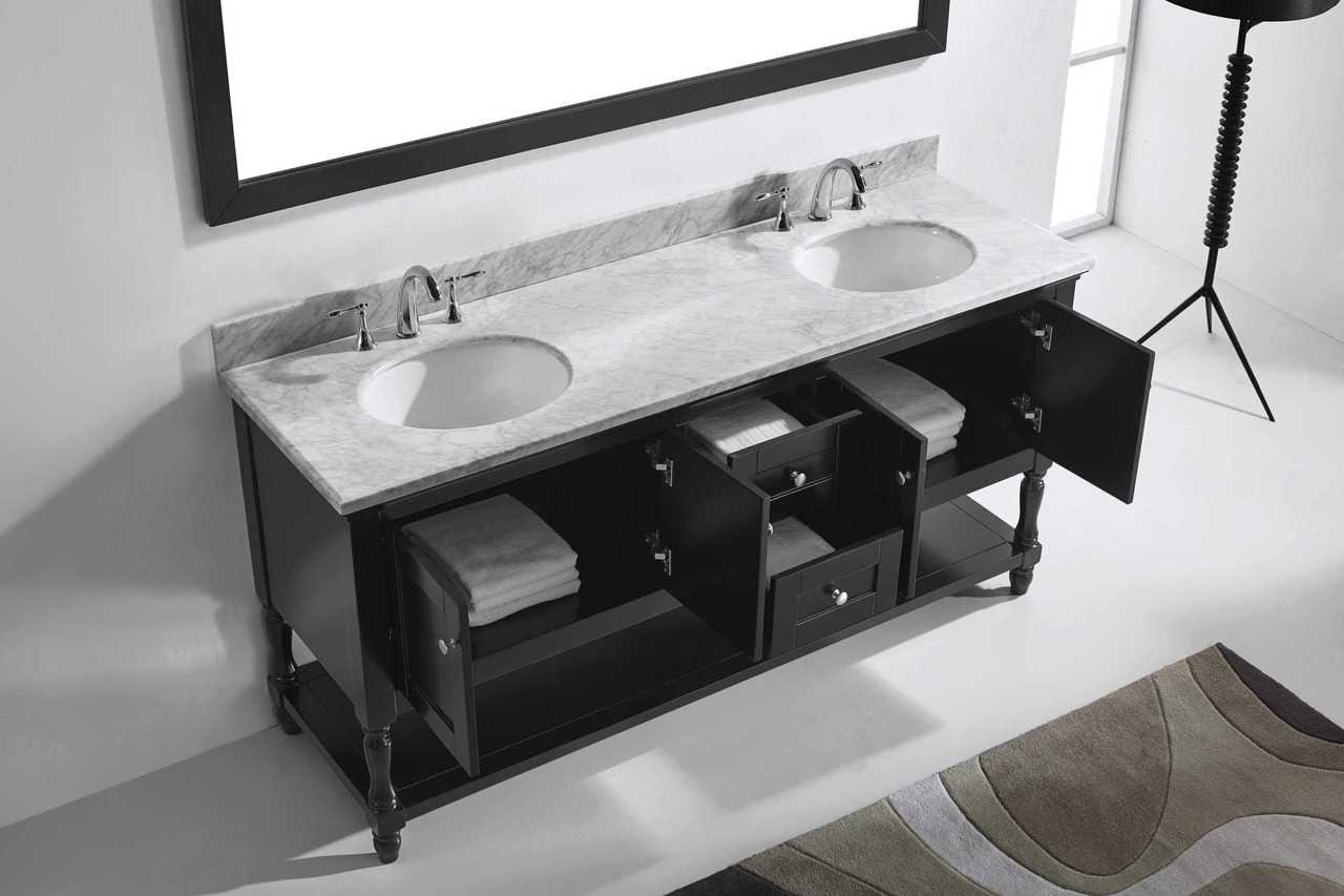 Virtu USA Julianna 72 Double Bathroom Vanity Set in Espresso w/ Italian Carrara White Marble Counter-Top | Round Basin