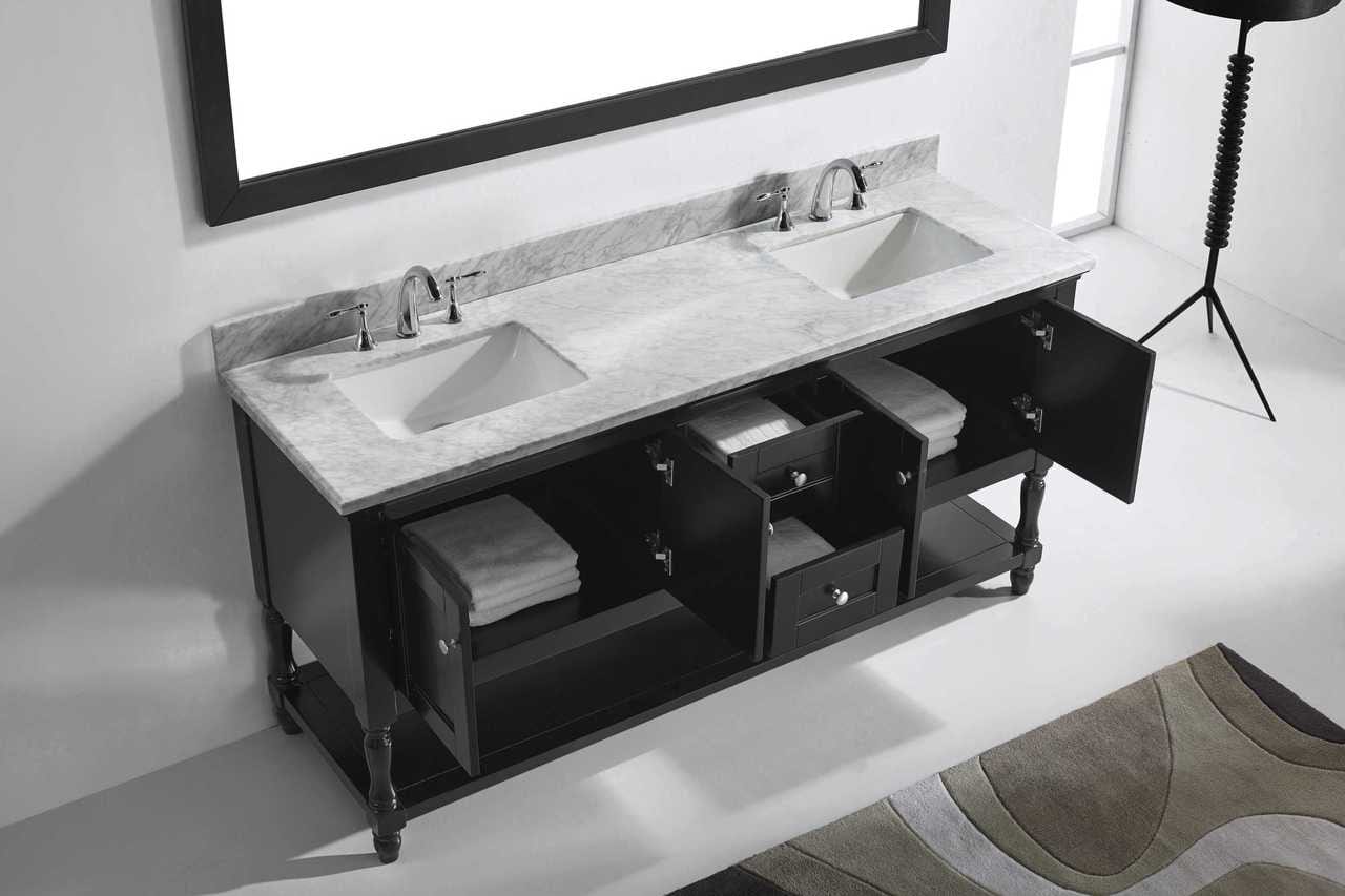 Virtu USA Julianna 72 Double Bathroom Vanity Set in Espresso w/ Italian Carrara White Marble Counter-Top | Square Basin