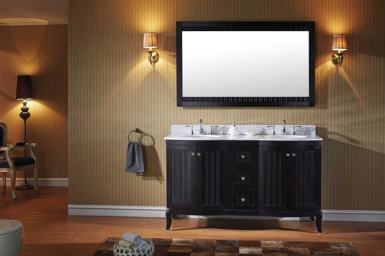 Virtu USA Khaleesi 60 Double Bathroom Vanity Set in Espresso w/ Italian Carrara White Marble Counter-Top | Round Basin