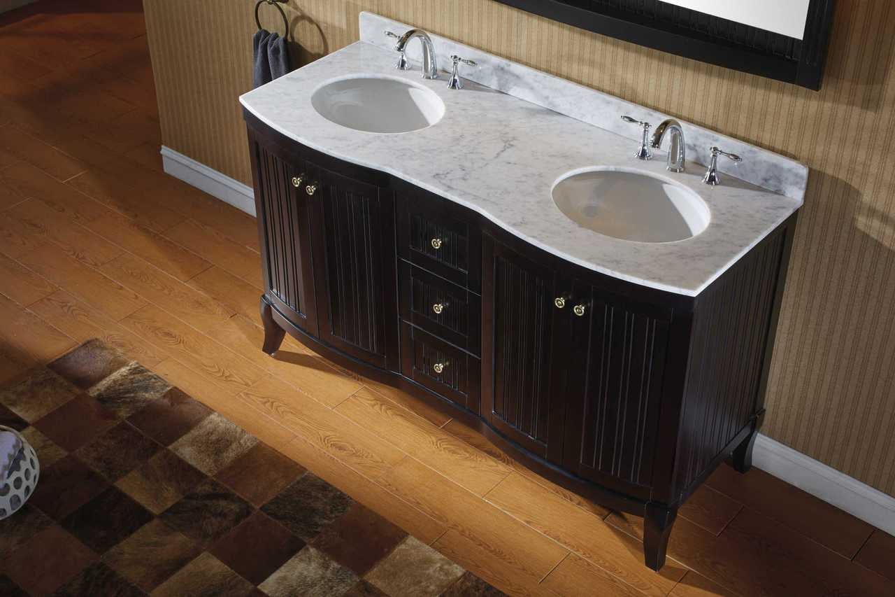 Virtu USA Khaleesi 60 Double Bathroom Vanity Set in Espresso w/ Italian Carrara White Marble Counter-Top | Round Basin