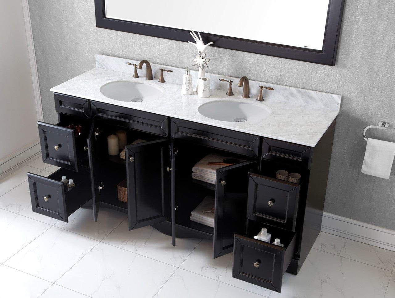 Virtu USA Talisa 72 Double Bathroom Vanity Set in Espresso w/ Italian Carrara White Marble Counter-Top | Round Basin