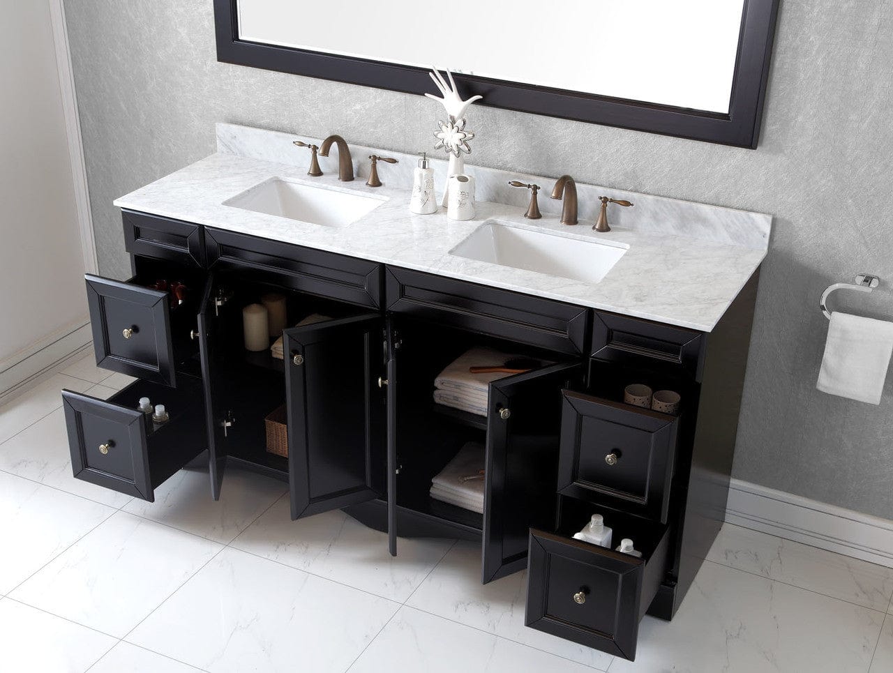 Virtu USA Talisa 72 Double Bathroom Vanity Set in Espresso w/ Italian Carrara White Marble Counter-Top | Square Basin