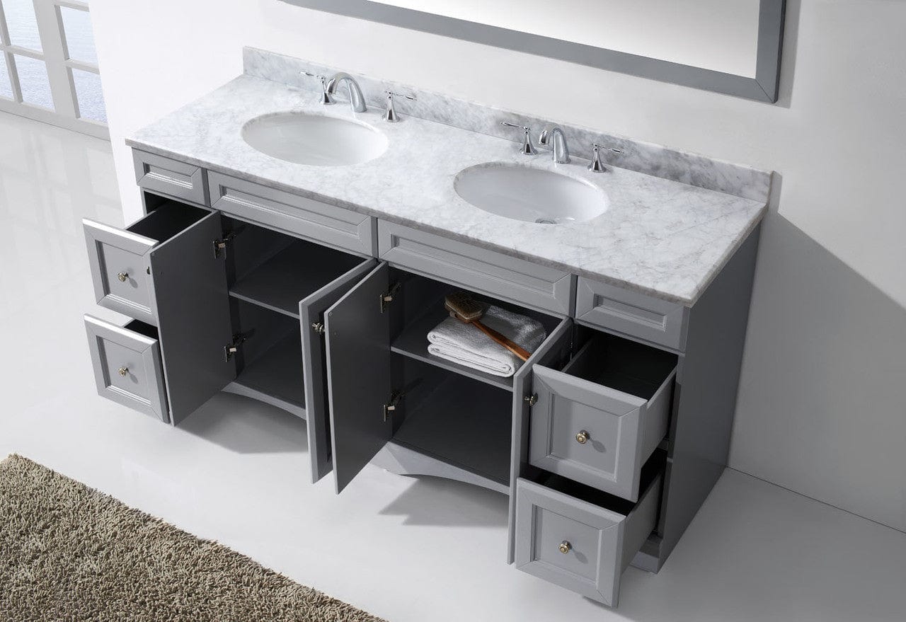 Virtu USA Talisa 72 Double Bathroom Vanity Set in Grey w/ Italian Carrara White Marble Counter-Top | Round Basin