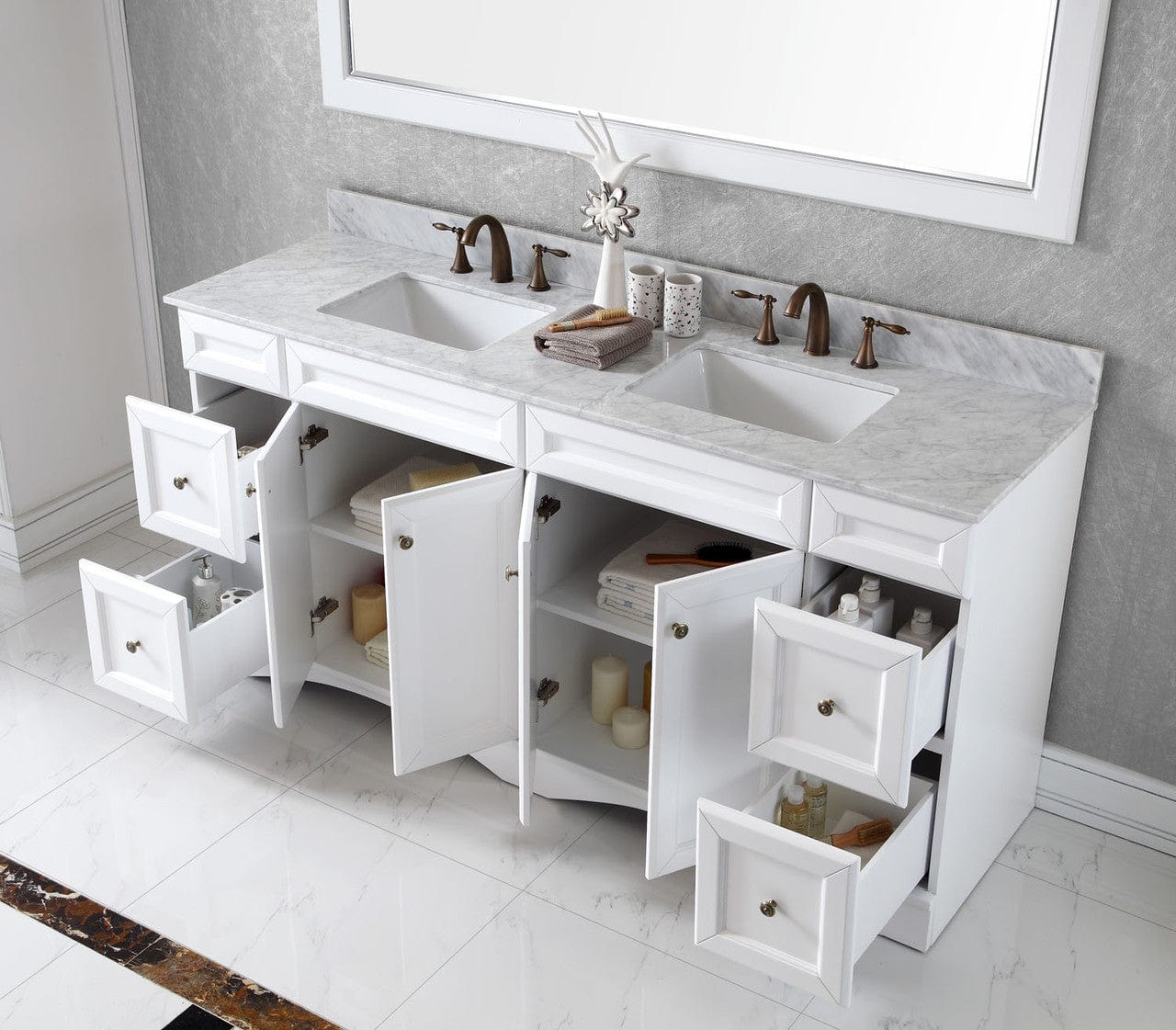 Virtu USA Talisa 72 Double Bathroom Vanity Set in White w/ Italian Carrara White Marble Counter-Top | Square Basin