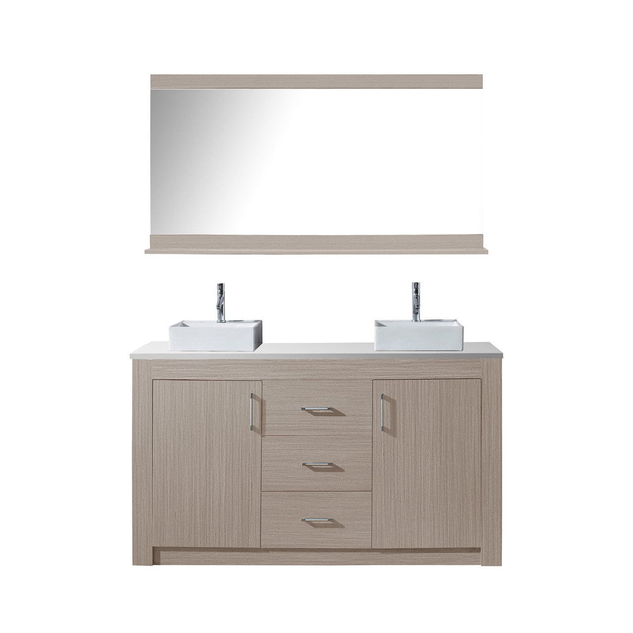 Virtu USA Tavian 60" Double Bathroom Vanity in Grey Oak w/ White Engineered Stone Top & Square Sink w/ Polished Chrome Faucet & Mirror