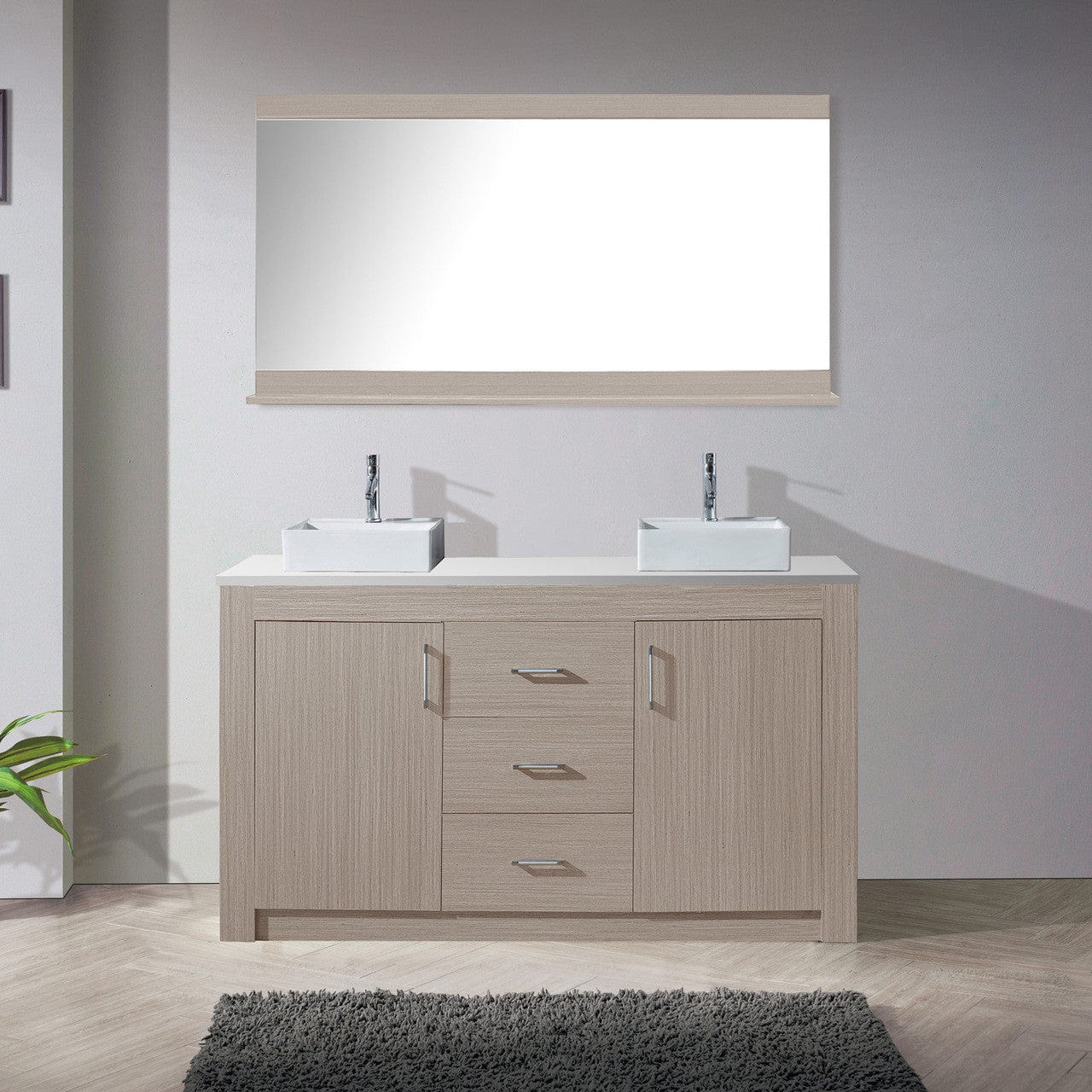 Virtu USA Tavian 60 Double Bathroom Vanity in Grey Oak w/ White Engineered Stone Top & Square Sink w/ Polished Chrome Faucet & Mirror