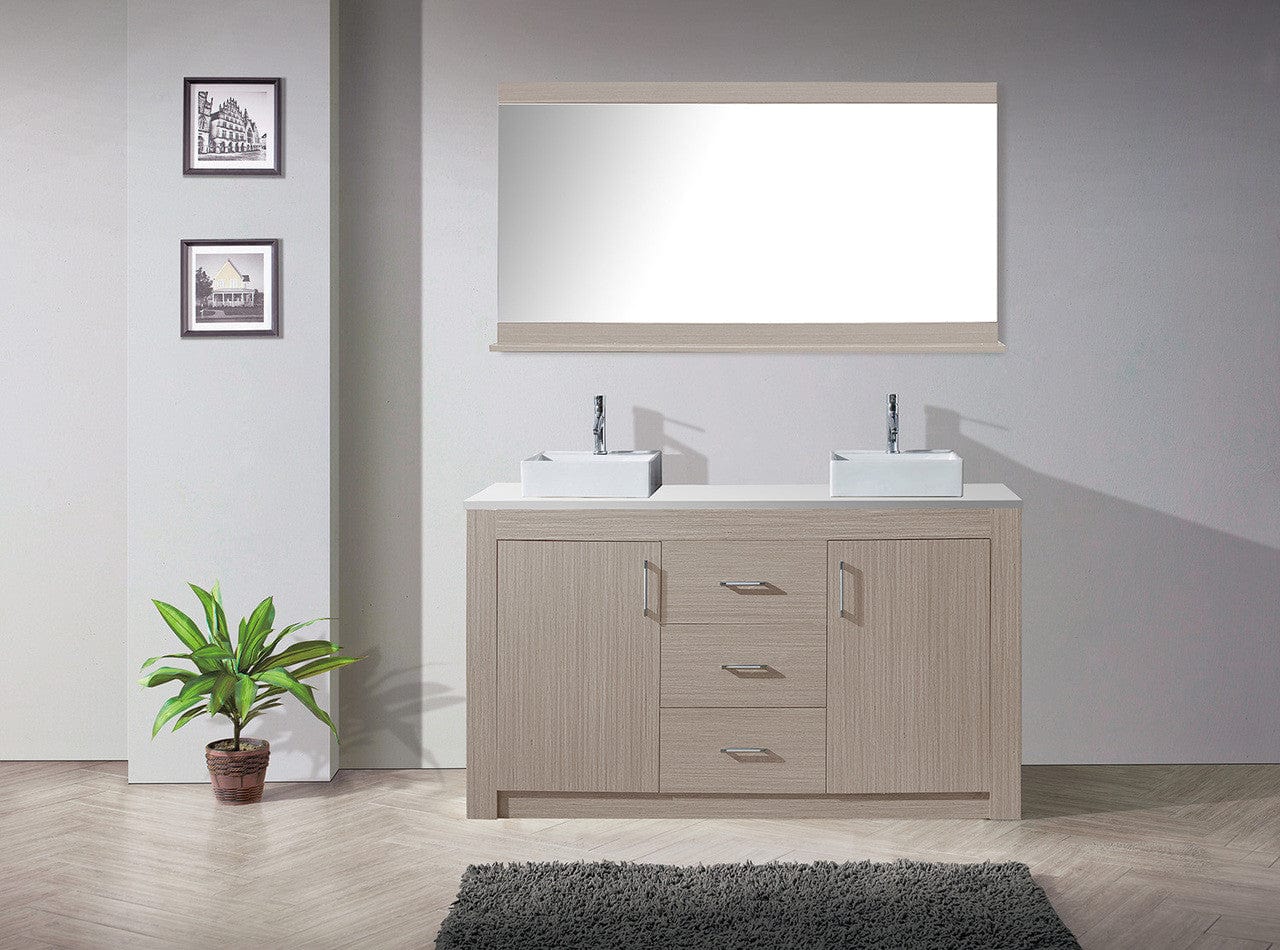 Virtu USA Tavian 60 Double Bathroom Vanity in Grey Oak w/ White Engineered Stone Top & Square Sink w/ Polished Chrome Faucet & Mirror