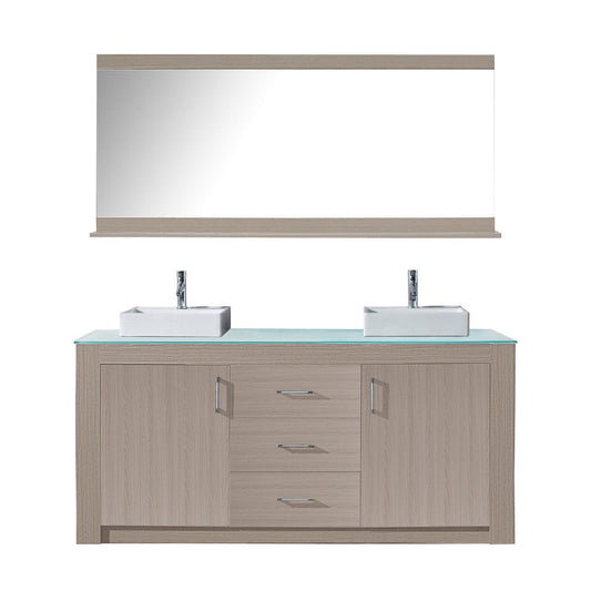 Virtu USA Tavian 72" Double Bathroom Vanity in Grey Oak w/ Aqua Tempered Glass Top & Square Sink w/ Polished Chrome Faucet & Mirror