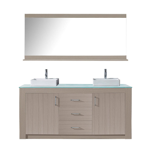 Virtu USA Tavian 72 Double Bathroom Vanity in Grey Oak w/ Aqua Tempered Glass Top & Square Sink w/ Polished Chrome Faucet & Mirror