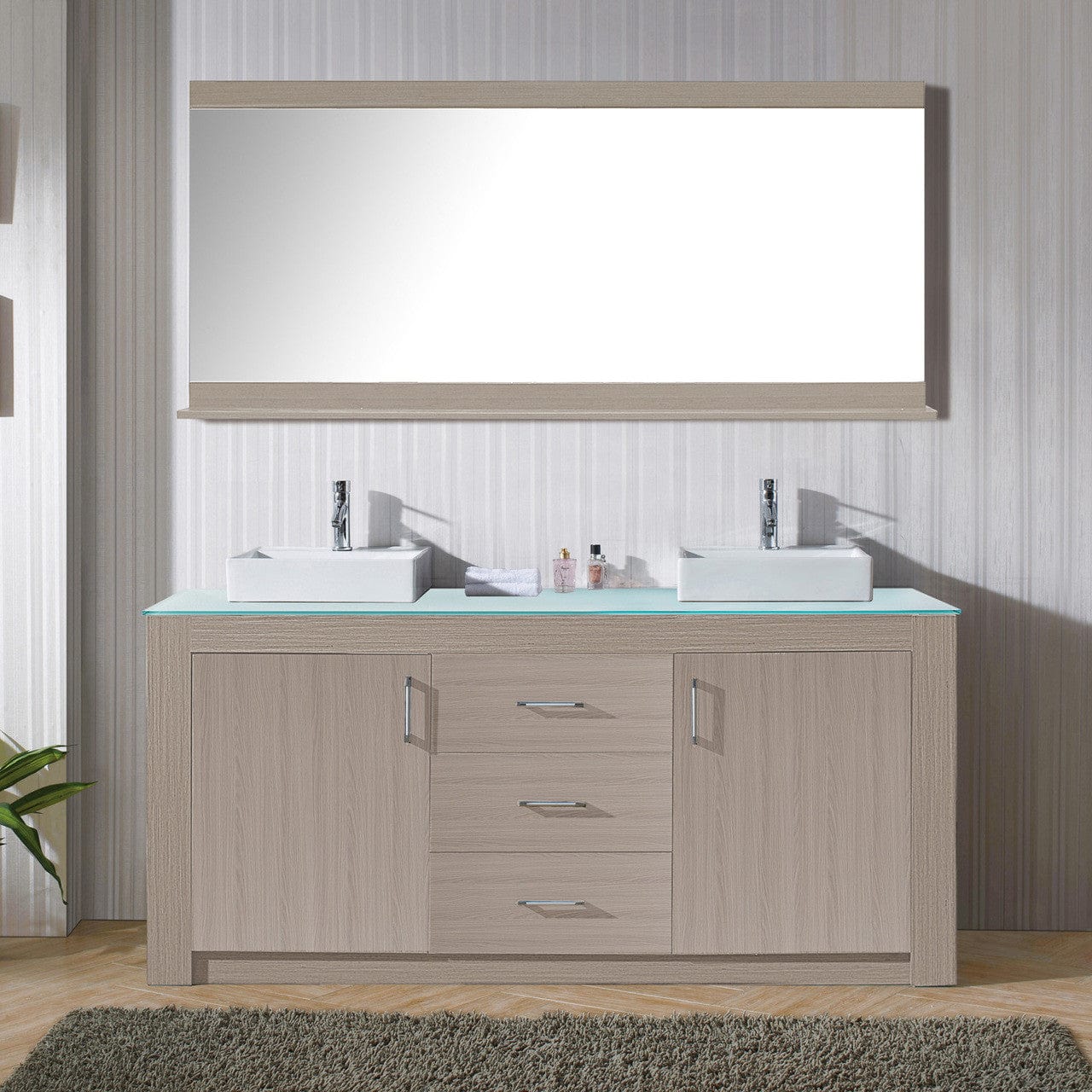 Virtu USA Tavian 72 Double Bathroom Vanity in Grey Oak w/ Aqua Tempered Glass Top & Square Sink w/ Polished Chrome Faucet & Mirror