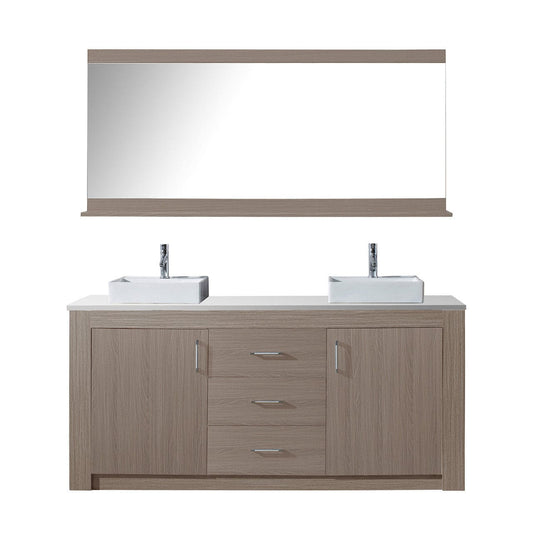 Virtu USA Tavian 72" Double Bathroom Vanity in Grey Oak w/ White Engineered Stone Top & Square Sink w/ Polished Chrome Faucet & Mirror