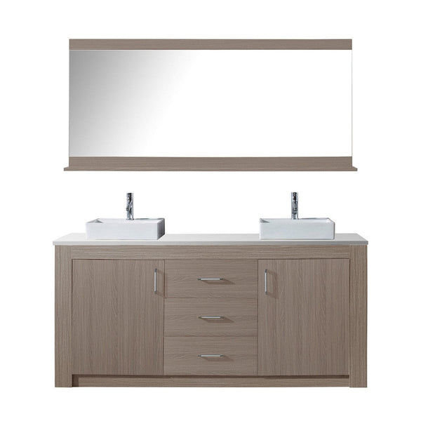 Virtu USA Tavian 72 Double Bathroom Vanity in Grey Oak w/ White Engineered Stone Top & Square Sink w/ Polished Chrome Faucet & Mirror
