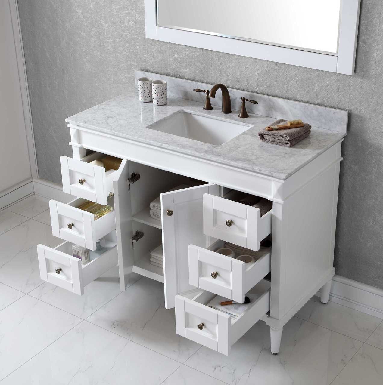 Virtu USA Tiffany 48 Single Bathroom Vanity Set in White w/ Italian Carrara White Marble Counter-Top | Square Basin