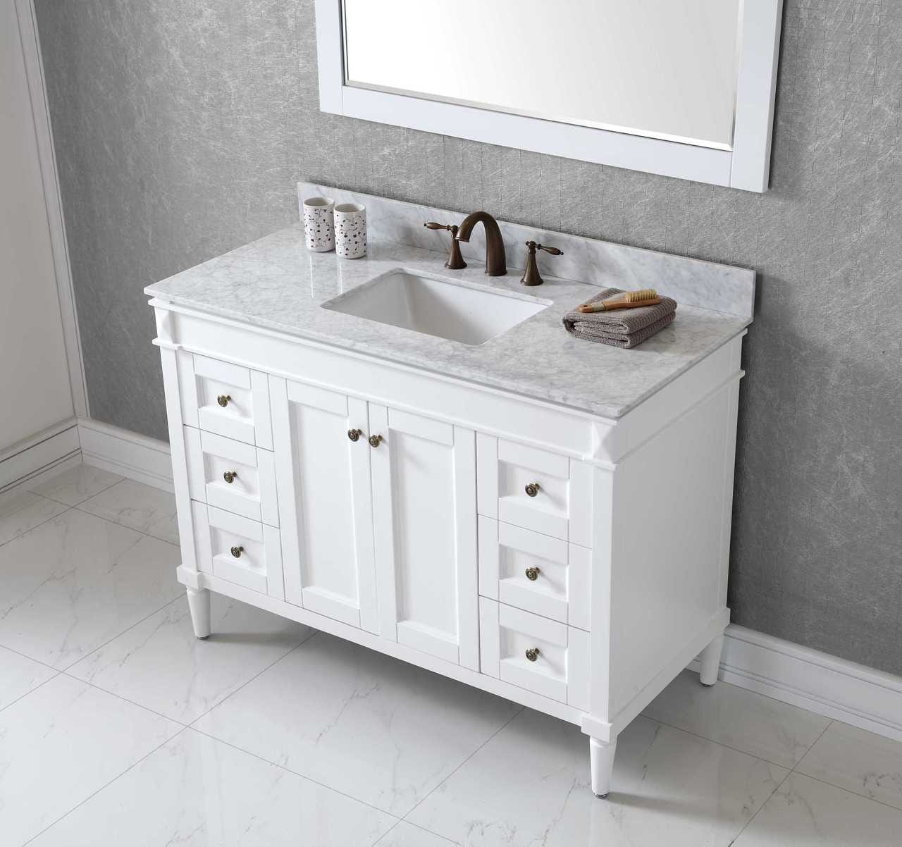 Virtu USA Tiffany 48 Single Bathroom Vanity Set in White w/ Italian Carrara White Marble Counter-Top | Square Basin