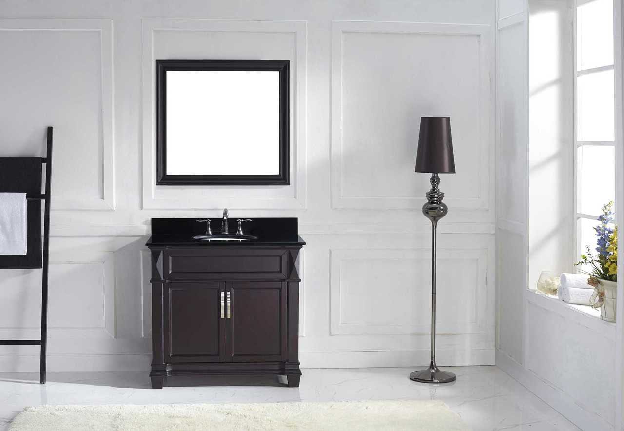 Virtu USA Victoria 36 Single Bathroom Vanity Set in Espresso w/ Black Galaxy Granite Counter-Top | Round Basin