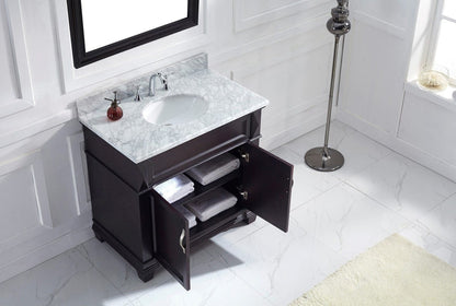 Virtu USA Victoria 36 Single Bathroom Vanity Set in Espresso w/ Italian Carrara White Marble Counter-Top | Round Basin