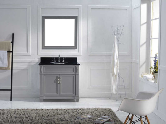 Virtu USA Victoria 36 Single Bathroom Vanity Set in Grey w/ Black Galaxy Granite Counter-Top | Round Basin