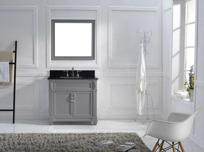 Virtu USA Victoria 36 Single Bathroom Vanity Set in Grey w/ Black Galaxy Granite Counter-Top | Square Basin