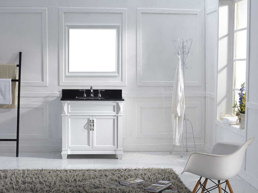 Virtu USA Victoria 36 Single Bathroom Vanity Set in White w/ Black Galaxy Granite Counter-Top | Square Basin