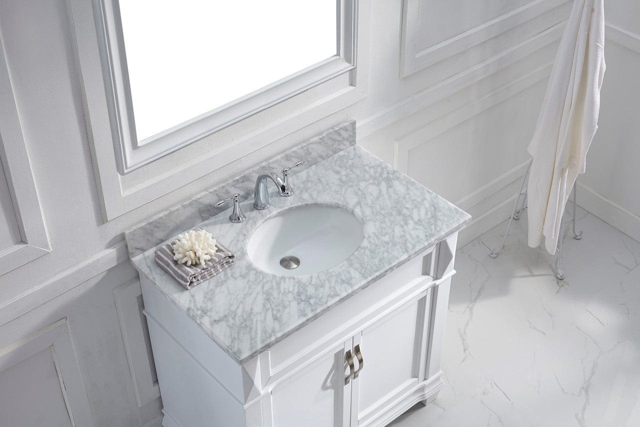 Virtu USA Victoria 36 Single Bathroom Vanity Set in White w/ Italian Carrara White Marble Counter-Top | Round Basin