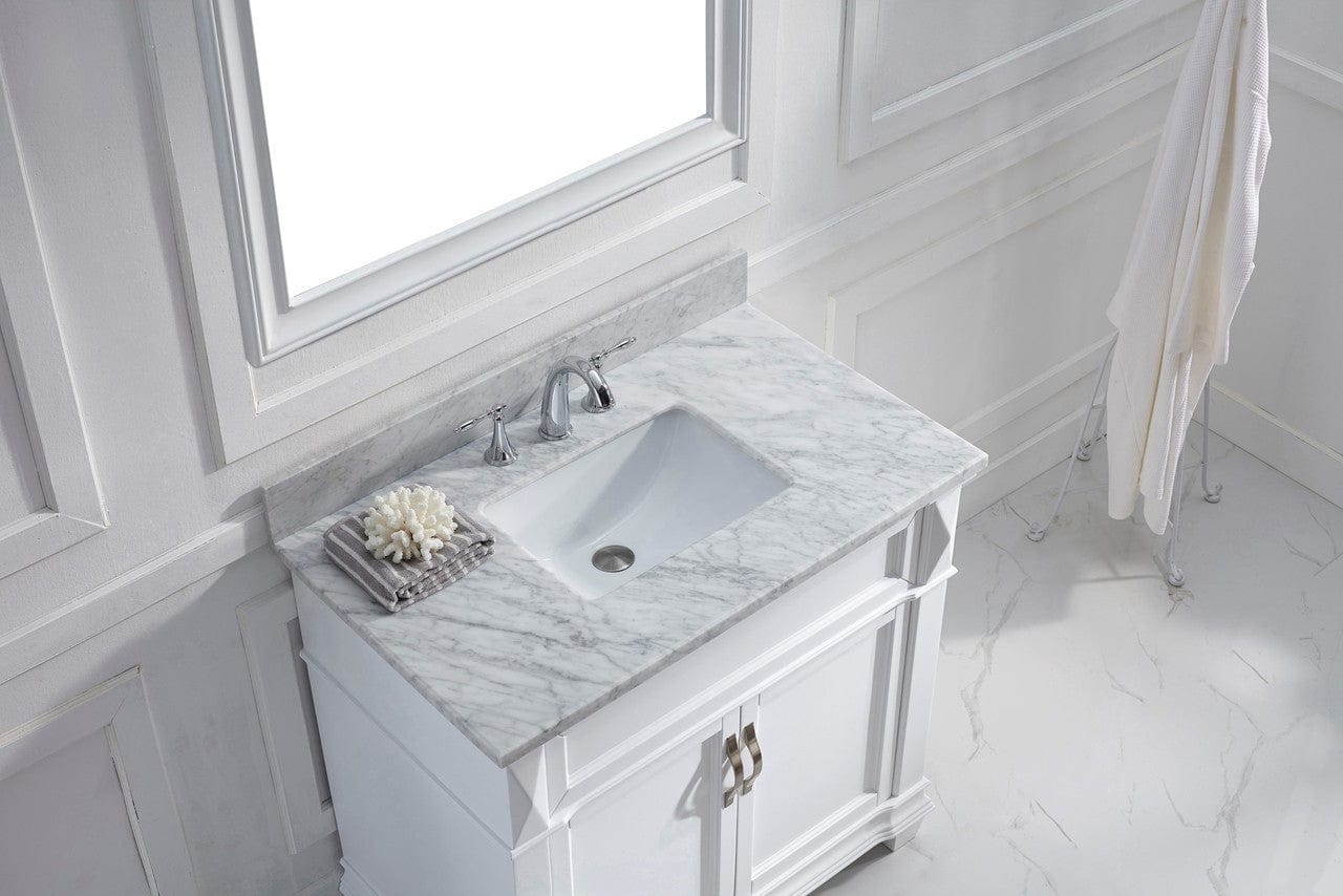 Virtu USA Victoria 36 Single Bathroom Vanity Set in White w/ Italian Carrara White Marble Counter-Top | Square Basin