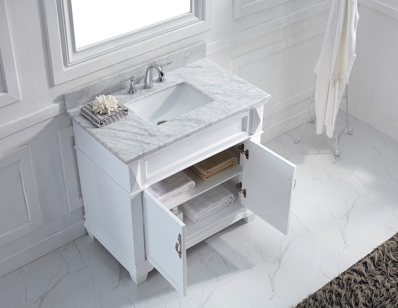 Virtu USA Victoria 36 Single Bathroom Vanity Set in White w/ Italian Carrara White Marble Counter-Top | Square Basin