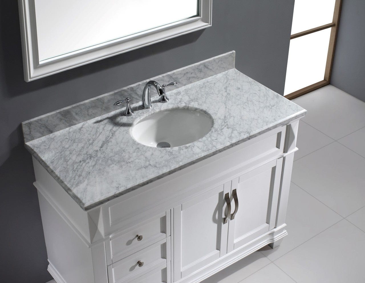 Virtu USA Victoria 48" Single Bathroom Vanity Cabinet Set in White w/ Italian Carrara White Marble Counter-Top, Round Basin