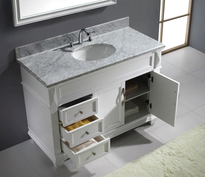 Virtu USA Victoria 48 Single Bathroom Vanity Set in White w/ Italian Carrara White Marble Counter-Top | Round Basin