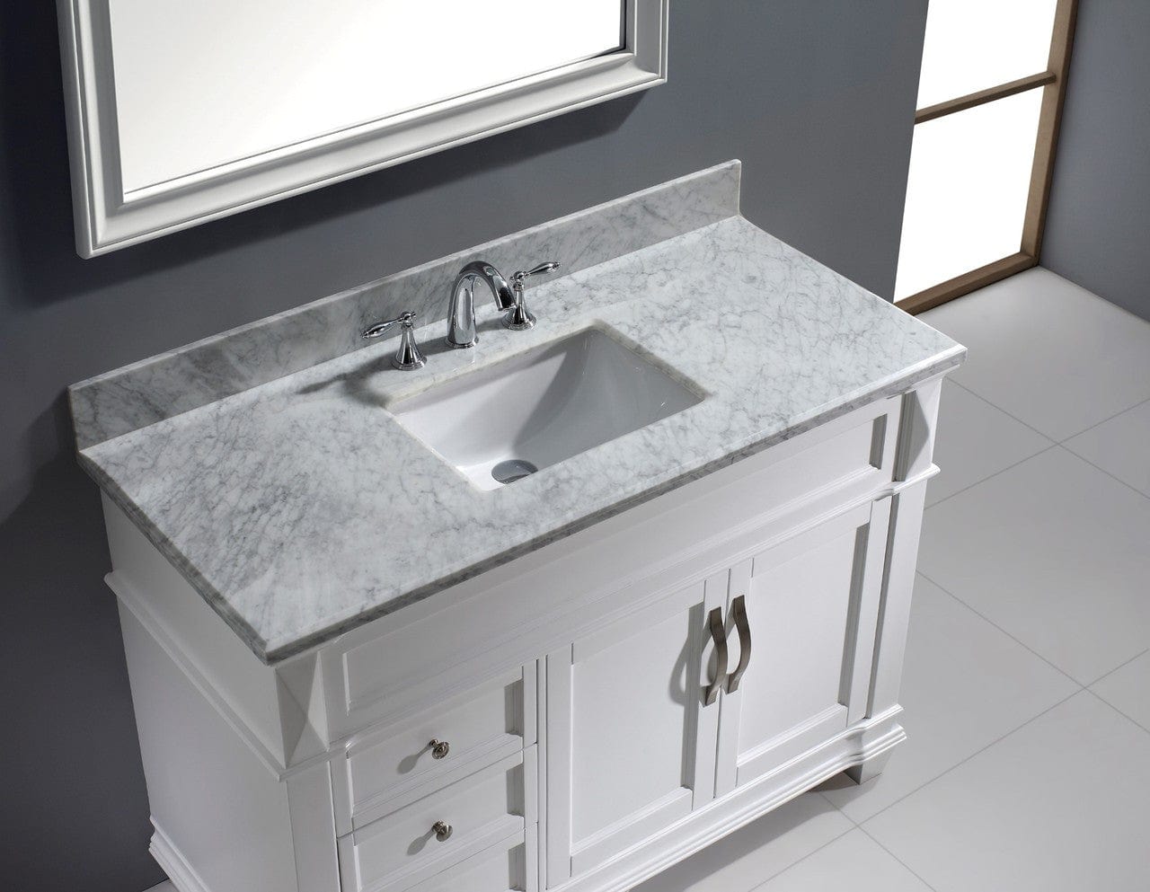 Virtu USA Victoria 48" Single Bathroom Vanity Cabinet Set in White w/ Italian Carrara White Marble Counter-Top