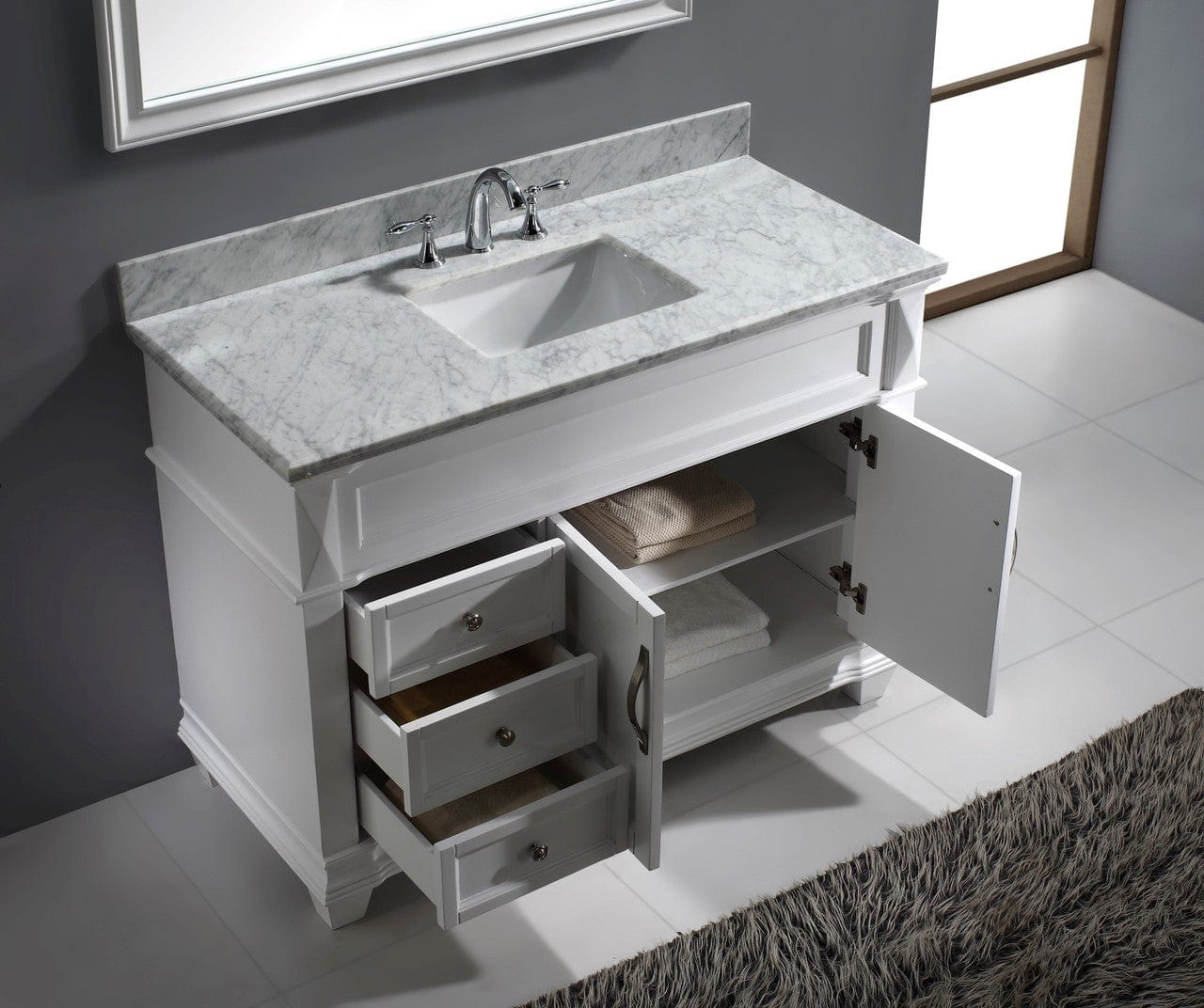 Virtu USA Victoria 48 Single Bathroom Vanity Set in White w/ Italian Carrara White Marble Counter-Top | Square Basin