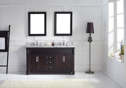 Virtu USA Victoria 60" Double Bathroom Vanity Cabinet Set in Espresso w/ Italian Carrara White Marble Counter-Top, Round Basin