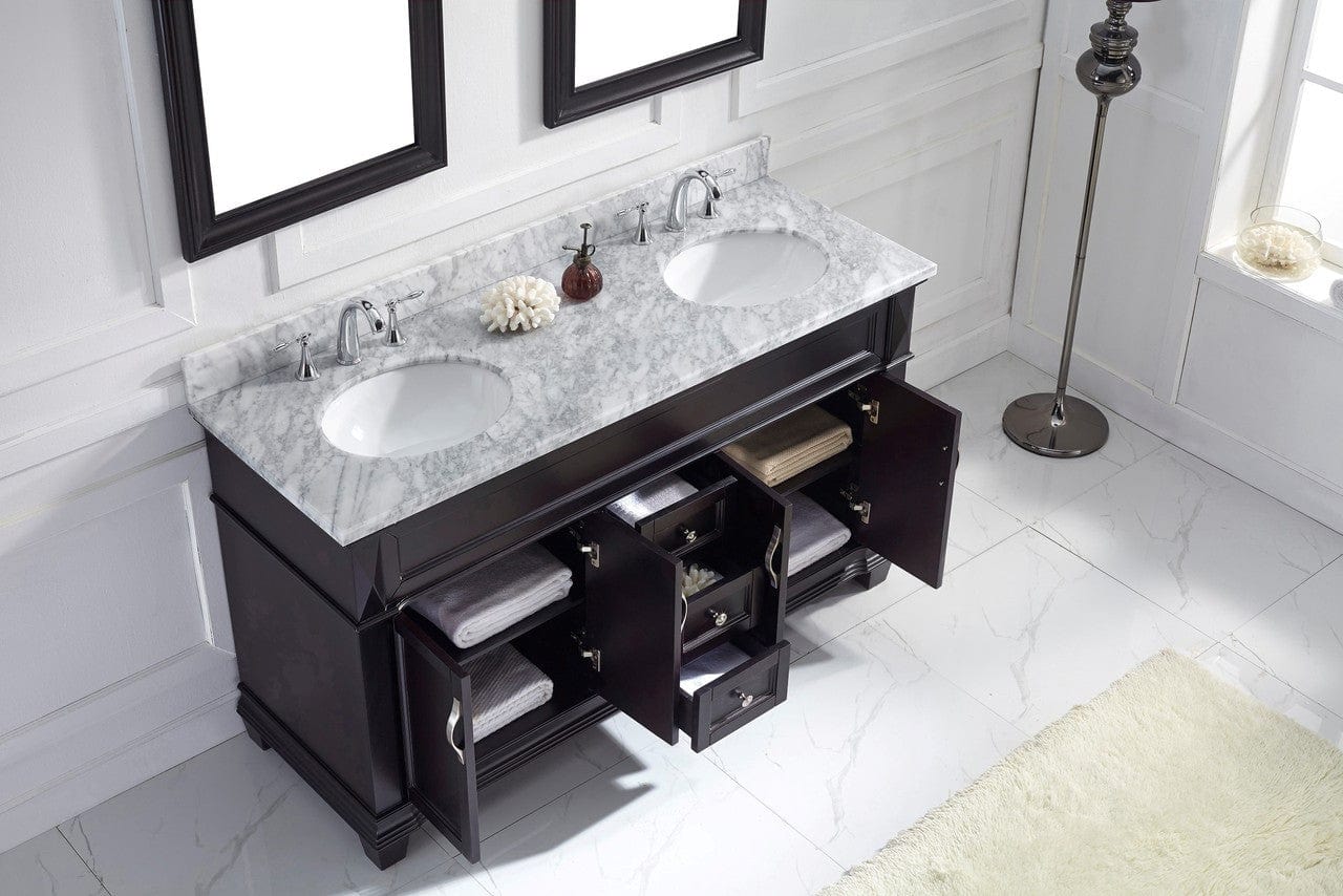 Virtu USA Victoria 60 Double Bathroom Vanity Set in Espresso w/ Italian Carrara White Marble Counter-Top | Round Basin