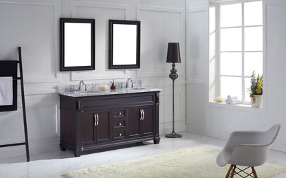 Virtu USA Victoria 60 Double Bathroom Vanity Set in Espresso w/ Italian Carrara White Marble Counter-Top | Round Basin