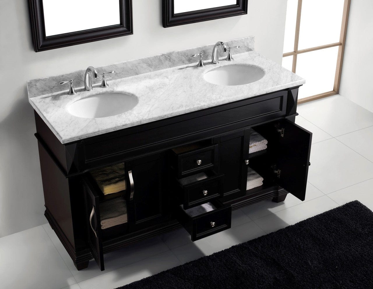 Virtu USA Victoria 60" Double Bathroom Vanity Cabinet Set in Espresso w/ Italian Carrara White Marble Counter-Top, Round Basin