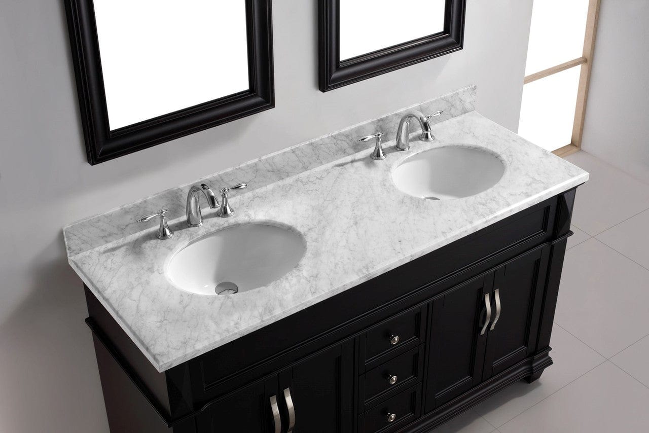 Virtu USA Victoria 60 Double Bathroom Vanity Set in Espresso w/ Italian Carrara White Marble Counter-Top | Round Basin